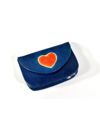 Peněženka na drobné, modrá, ručně malovaná kůže, "heart"