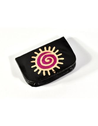 Peněženka na drobné, černá, ručně malovaná kůže, "spiral sun"