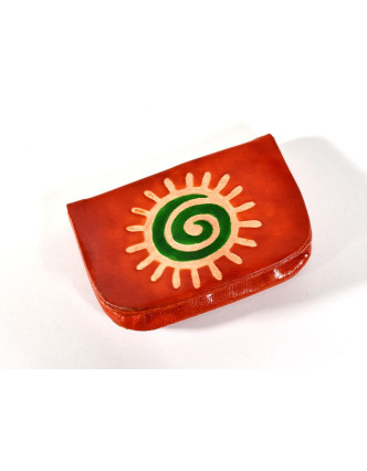 Peněženka na drobné, oranžová, ručně malovaná kůže, "spiral sun"