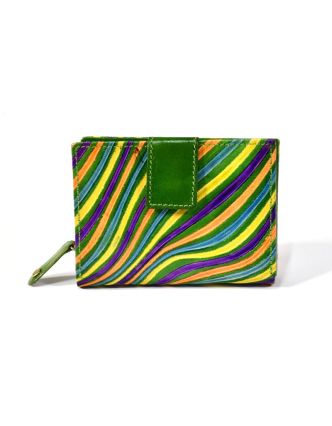 Kožená peněženka "Stripes", zelená, ručně malovaná, 13x10cm