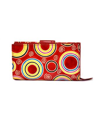 Ručně malovaná kožená peněženka, Circles, červená, 18x10cm