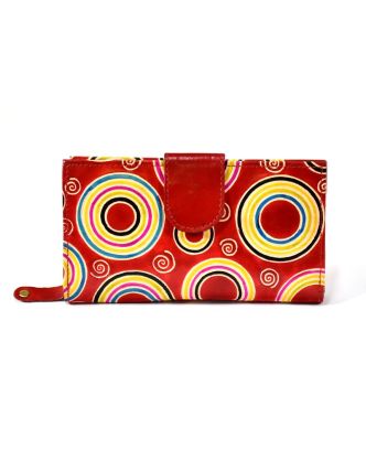 Ručně malovaná kožená peněženka, Circles, červená, 18x10cm