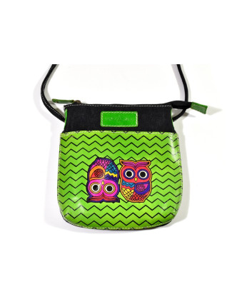 Zelená kabelka "Two owls", ručně malovaná kůže, bavlna, 21x20cm