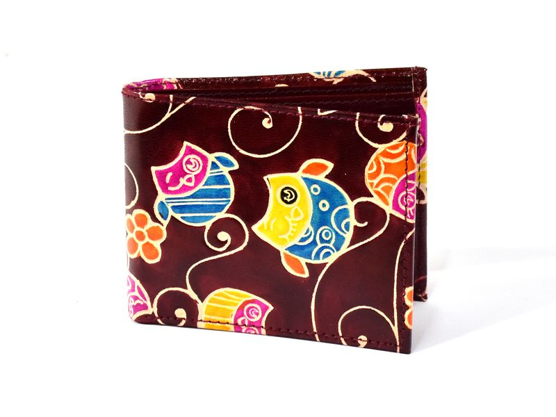 Ručně malovaná kožená peněženka, Happy owls, vínová, 12x9cm