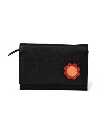 Luxusní peněženka z měkké kůže, černá, design flowers, 16x11cm