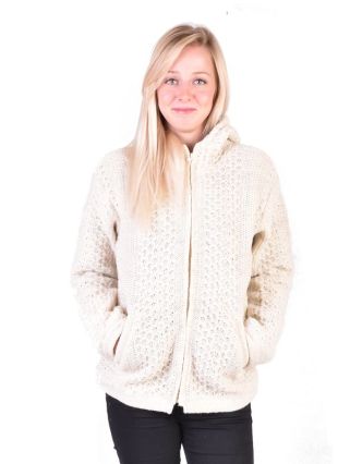 Bílý vlněný svetr s kapucí a kapsami, unisex