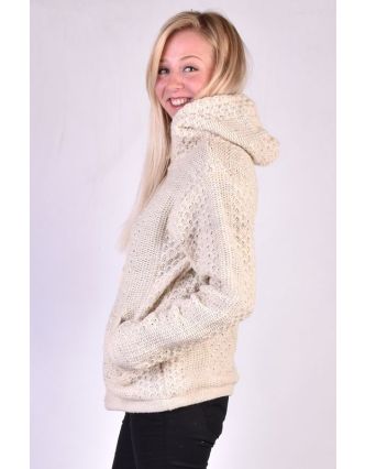 Bílý vlněný svetr s kapucí a kapsami, unisex