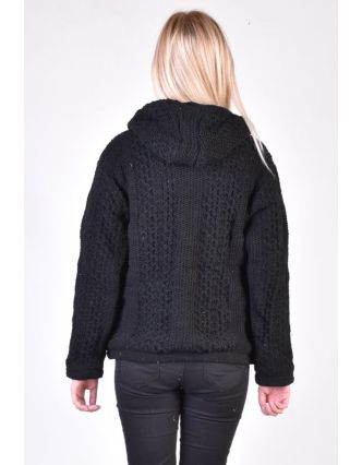 Černý vlněný svetr s kapucí a kapsami, unisex