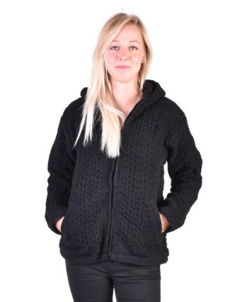 Černý vlněný svetr s kapucí a kapsami, unisex