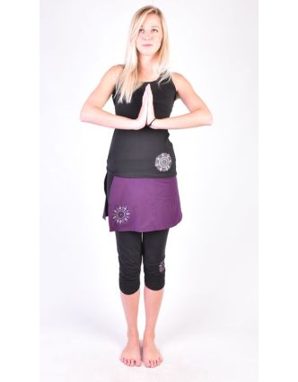 Černé tříčtvrteční kalhoty se sukní na jógu z bio bavlny, Chakra potisk a výšivk