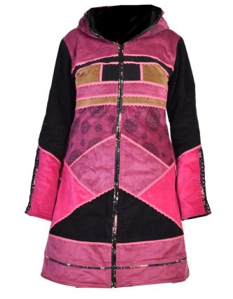 Černo-růžový sametový kabátek s kapucí, patchwork a Chakra tisk, pletení