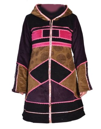 Khaki-růžový sametový kabátek s kapucí, patchwork a Chakra tisk, pletení