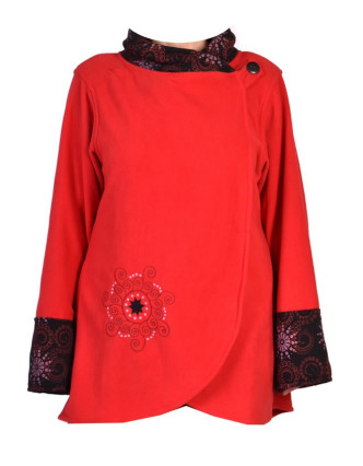 Červeno-černý fleecový kabát s potiskem zapínaný na knoflík, výšivka, kapsy
