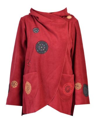 Vínový fleecový kabát s kapucí zapínaný na knoflík, aplikace mandal, výšivka