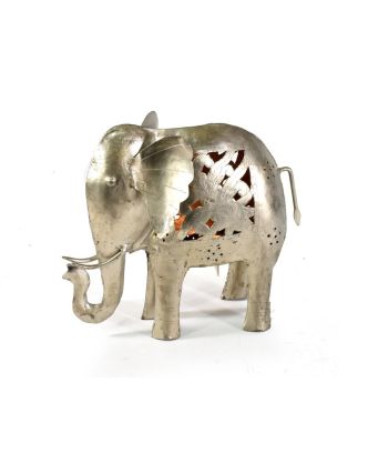 Slon, kovový svícen, ruční práce, prořezávané ornamenty, vyš. 24cm