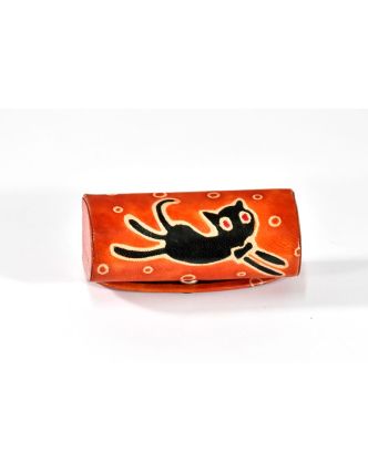 Pouzdro na rtěnku, oranžová, ručně malovaná kůže, happy cat, 8x3cm
