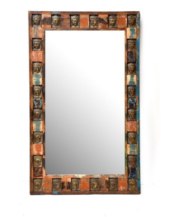 Zrcadlo v rámu zdobeném reliéfy buddhů, antik teak, 150x90x5cm