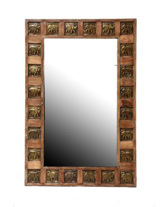 Zrcadlo v rámu zdobeném reliéfy slonů, antik teak, 150x100x5cm
