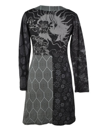 Černo-šedé šaty s dlouhým rukávem, mix potisků, mandala aplikace, výšivka