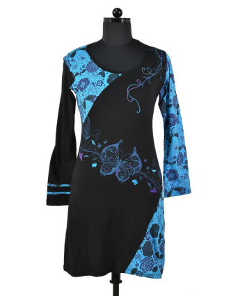 Krátké čermo-tyrkysové šaty s dlouhým rukávem, Butterfly design, výšivka
