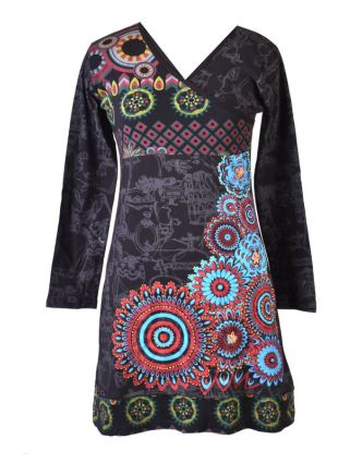 Krátké černé šaty s celotiskem a dlouhým rukávem, Mandala print, ruční výšivka