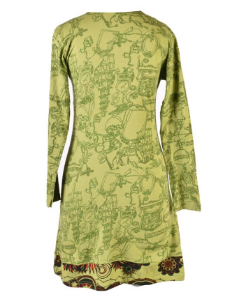 Krátké zelené šaty s celotiskem a dlouhým rukávem, Mandala print, ruční výšivka