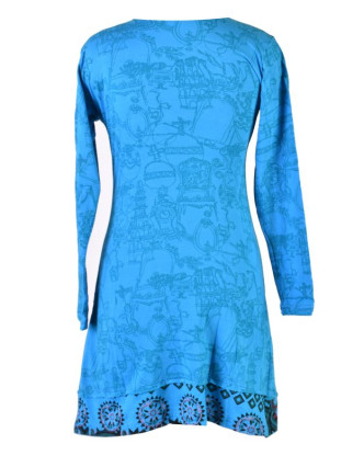 Krátké tyrkysové šaty s celotiskem a dlouhým rukávem, Mandala print, ruční výšiv