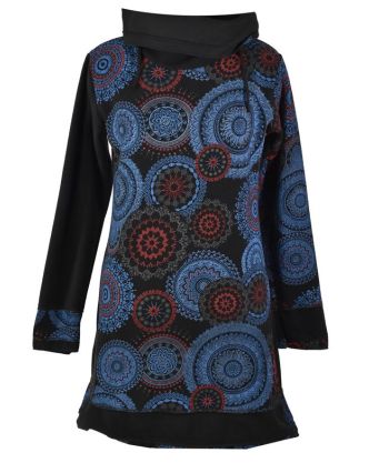 Černo-modré zimní mikinové šaty s límečkem, Mandala potisk