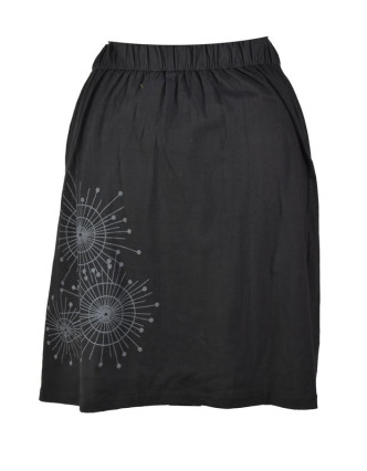 Krátká černá sukně s potiskem a barevnou výšivkou, elastický pas