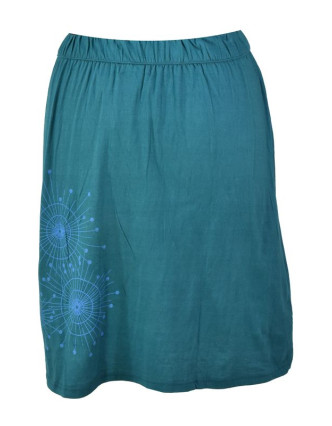 Krátká petrolejová sukně s potiskem a barevnou výšivkou, elastický pas