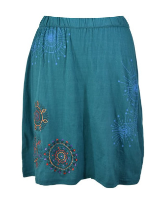 Krátká petrolejová sukně s potiskem a barevnou výšivkou, elastický pas