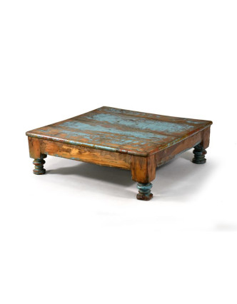 Čajový stolek z teakového dřeva, antik, tyrkysová patina, 57x57x19cm