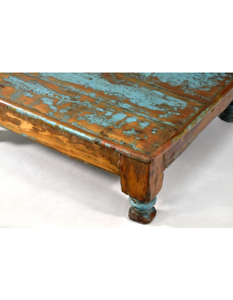 Čajový stolek z teakového dřeva, antik, tyrkysová patina, 57x57x19cm