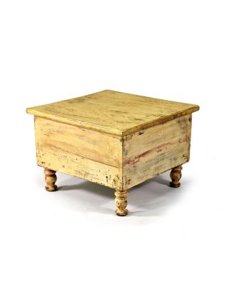 Stolek z teakového dřeva, antik, krémová patina, 45x45x32cm
