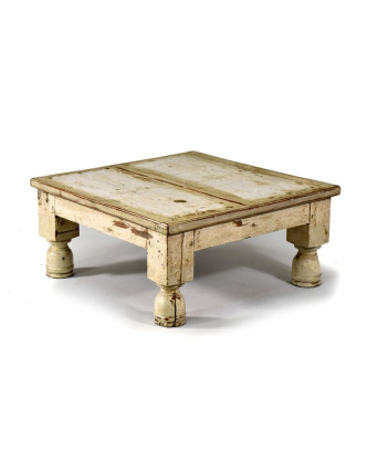 Čajový stolek z teakového dřeva, antik, bílá patina, 48x48x23cm