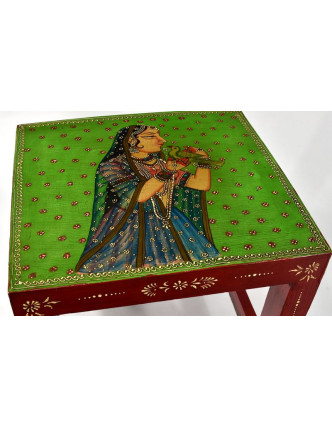 Stolička z antik teakového dřeva, "Moghul art", ručně malovaná, 33x36x37cm
