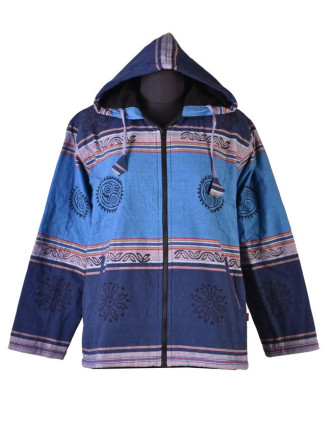Pánská modrá bunda s kapucí zapínaná na zip, potisk