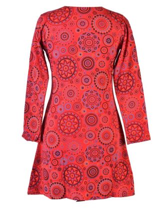 Krátké červené šaty s potiskem Mandal a dlouhým rukávem, kulatý výstřih