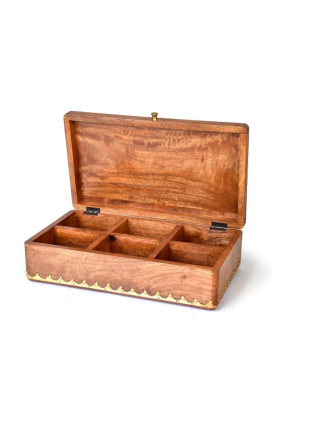 Dřevěná ozdobná krabička (šperkovnice), mosazné kování, 6 přihrádek, 36x20x10cm