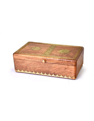 Dřevěná ozdobná krabička (šperkovnice), mosazné kování, 6 přihrádek, 36x20x10cm