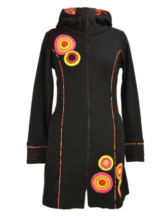 Fleecový kabátek s kapucí, černý, růžové kruhové aplikace, Bubbles tisk, zip, ka