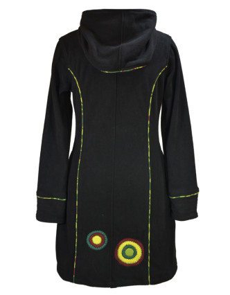 Fleecový kabátek s kapucí, černý, khaki kruhové aplikace, Bubbles tisk, zapínání