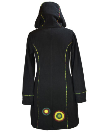 Fleecový kabátek s kapucí, černý, khaki kruhové aplikace, Bubbles tisk, zapínání