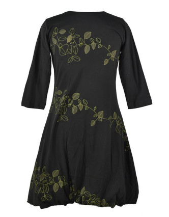 Krátké černé šaty s potiskem leaves, tříčtvrteční rukáv, V výstřih