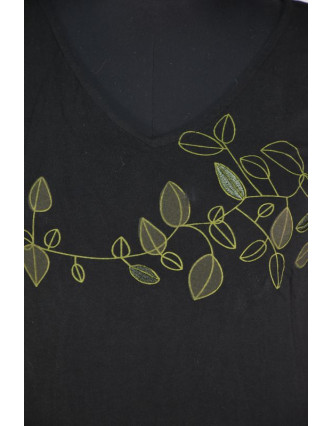 Krátké černé šaty s potiskem leaves, tříčtvrteční rukáv, V výstřih