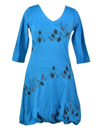 Krátké tyrkysové šaty s potiskem leaves, tříčtvrteční rukáv, V výstřih