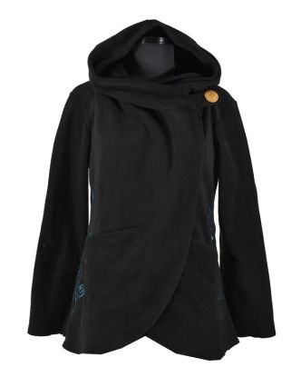 Černý asymetrický kabátek s kapucí zapínaný na knoflík, tyrkysová výšivka