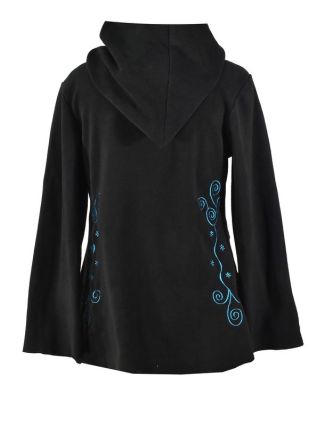 Černý asymetrický kabátek s kapucí zapínaný na knoflík, tyrkysová výšivka