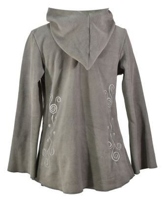 Šedý fleecový asymetrický kabátek s kapucí zapínaný na knoflík, šedá výšivka