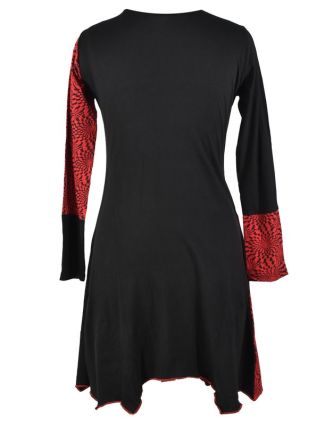 Černo-vínové šaty s dlouhým rukávem, cípy na sukni, potisk